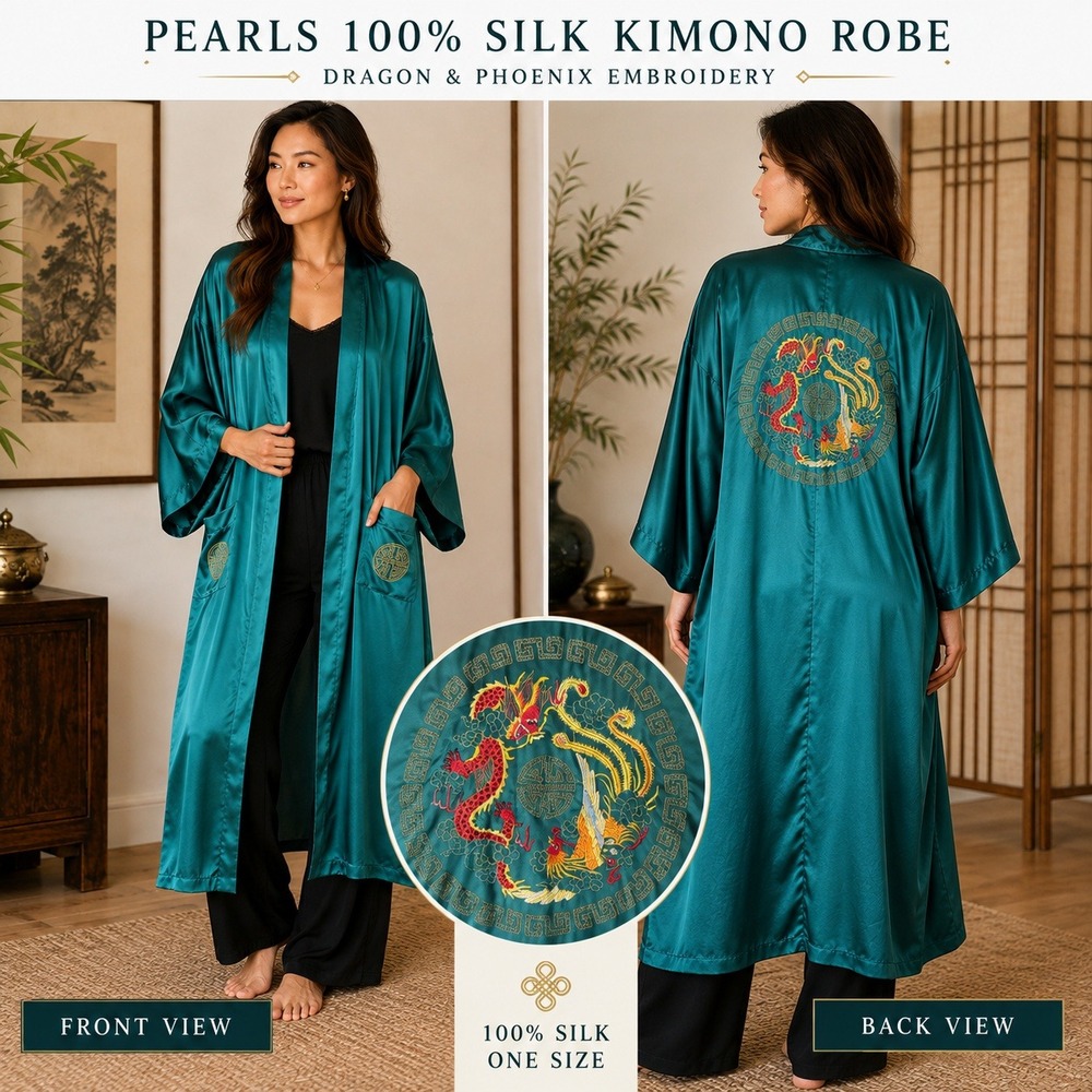 Pearls 100% Silk Kimono Robe Dragon Phoenix Embroidered Teal Vintage OS